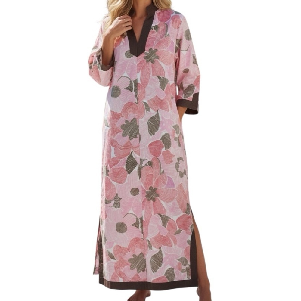 Vintage I. Magnin Medium Pink Brown Floral Tunic Kaftan Dress  100% Cotton 90s